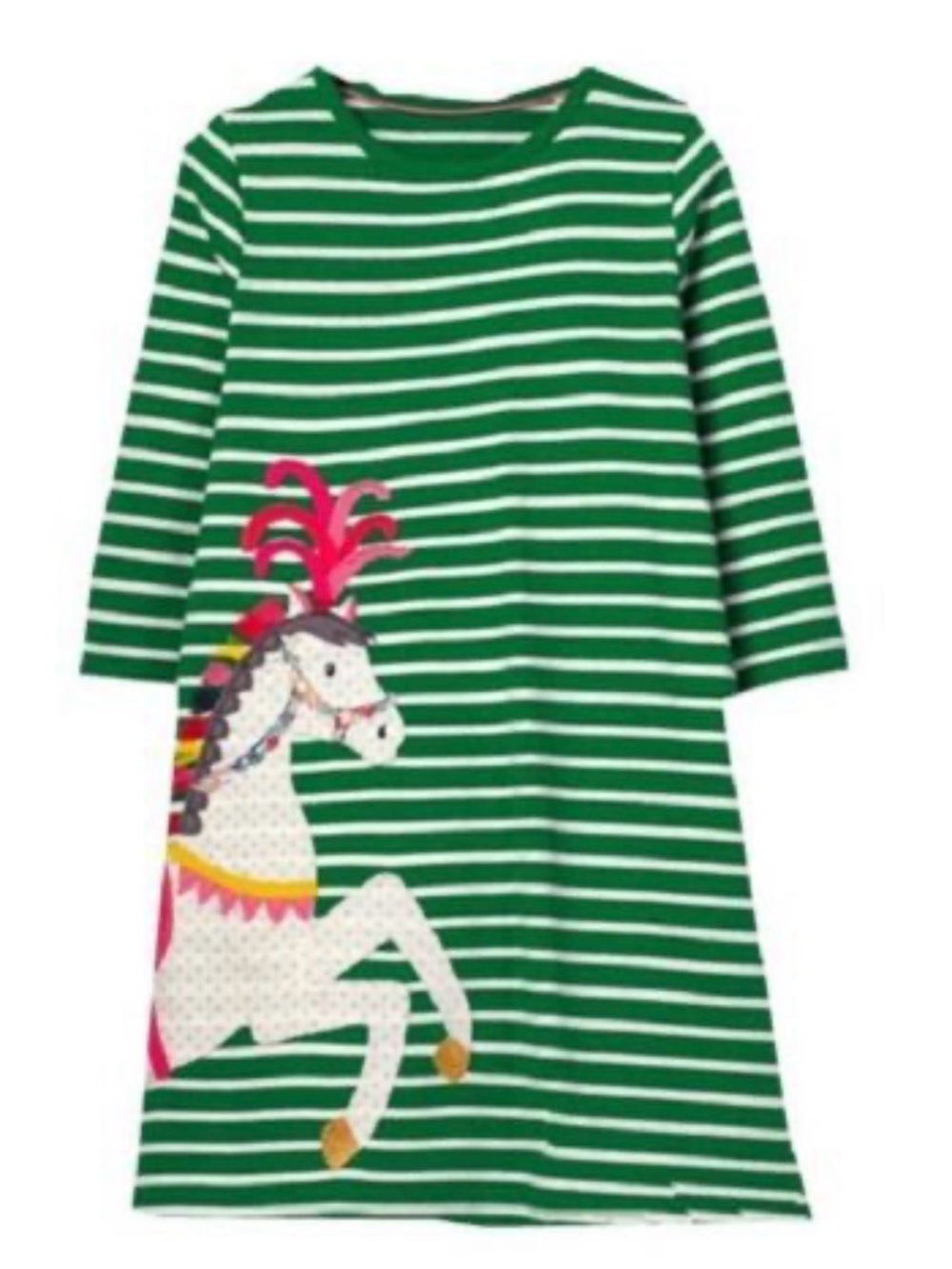 Mini Boden Green White Striped Carousel Horse Appliqué Dress Sz 7-8
